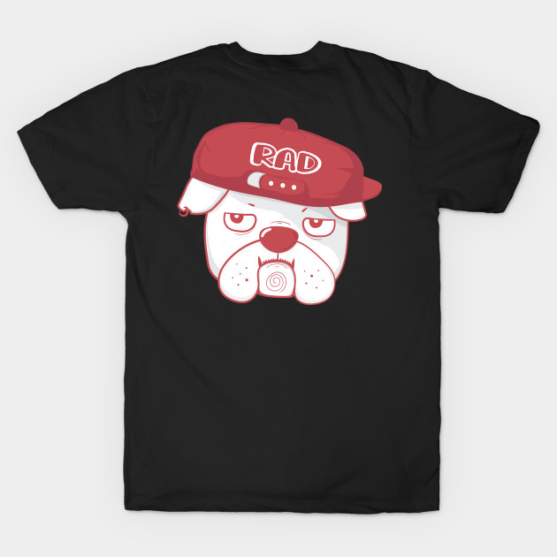 funny Grumpy face bulldog wears RAD baseball cap, cute doodle cartoon by Janatshie